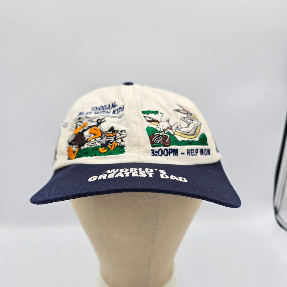 Vtg 90s Looney Tunes Worlds Greatest Dad Embroidered Snapback Hat White Navy